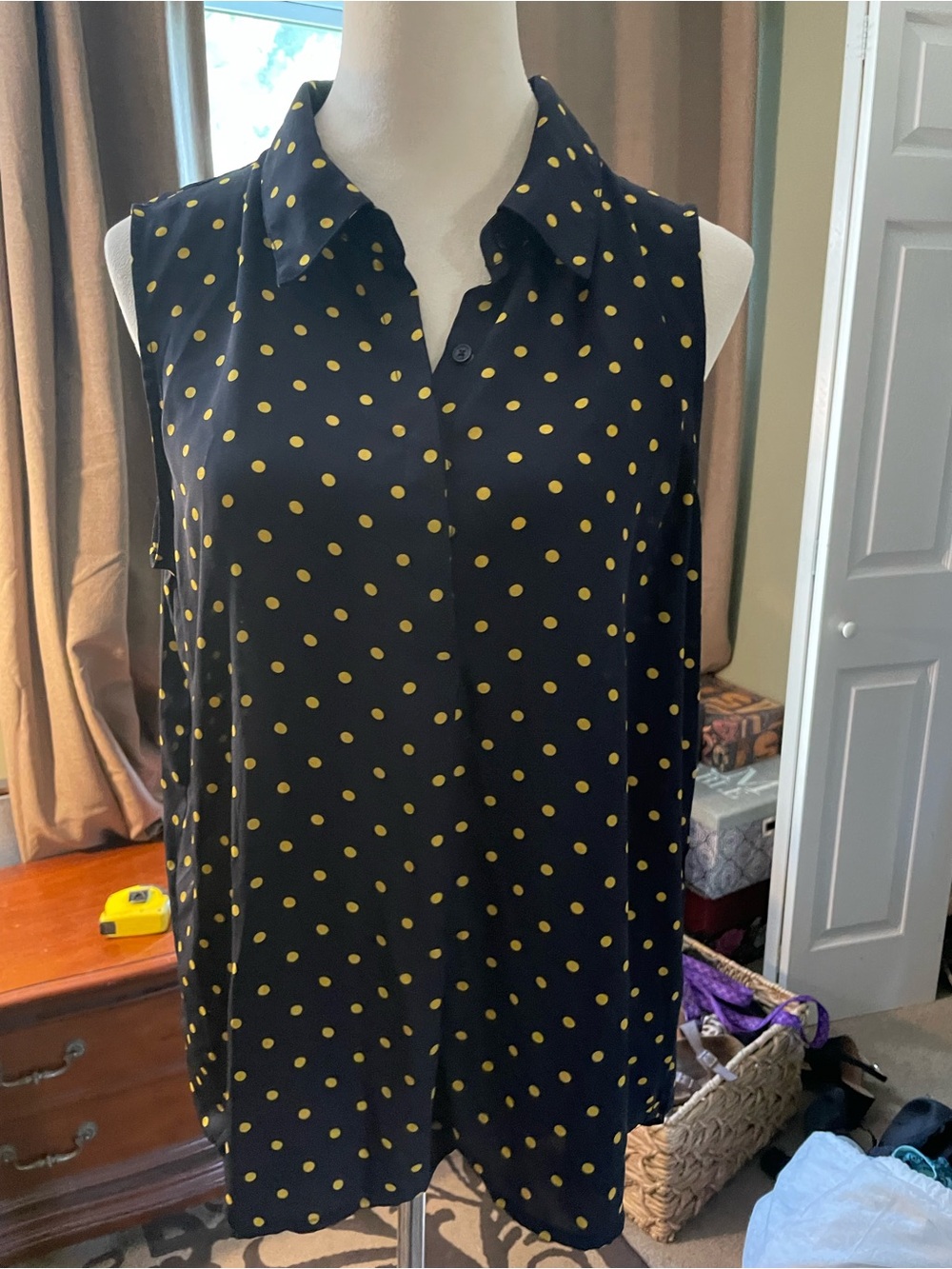Anne Klein Black Sleeveless Blouse with Yellow Polka Dots